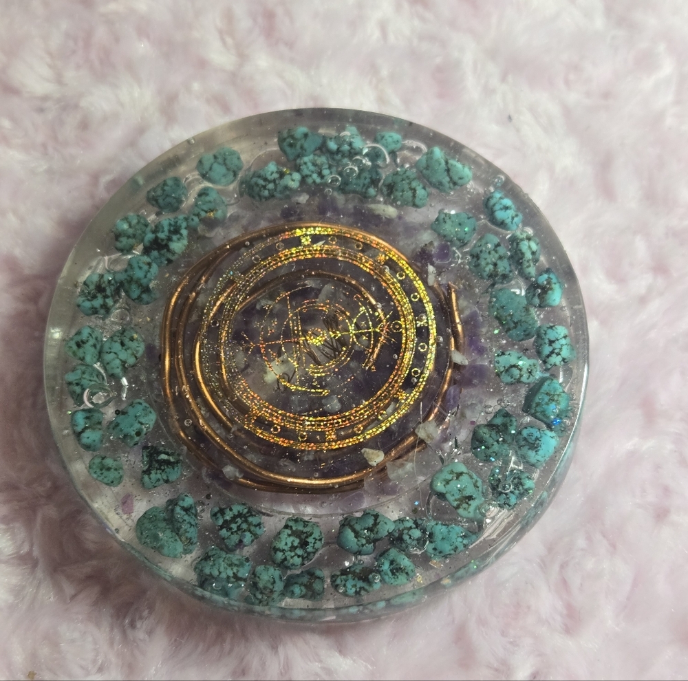 Handmade Orgonite Water Charging Plate Turquoise, Clear Quartz Amethyst